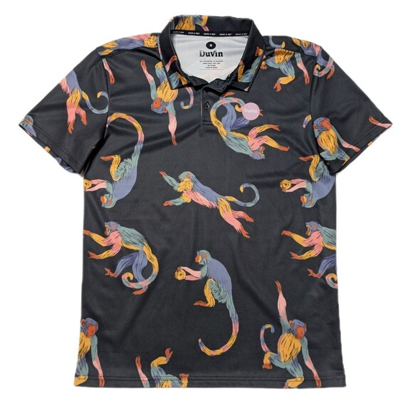 Duvin Have A Day Golf Polo Shirt Monkey Print Mens Sz Medium Black Short Sleeve - Picture 1 of 9